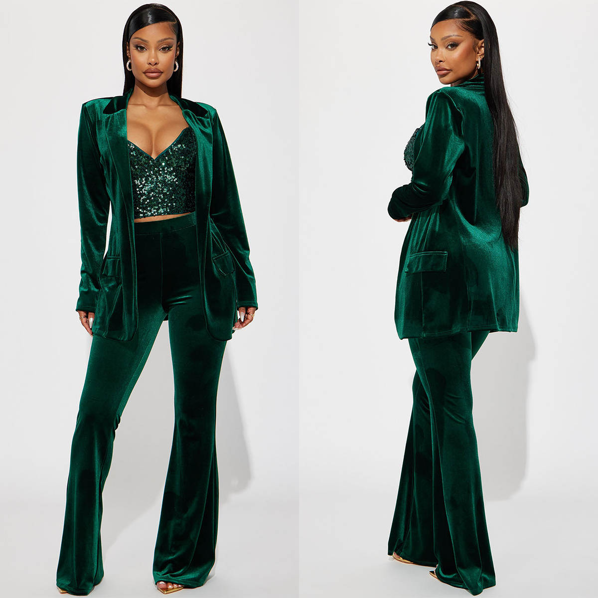Green Velvet Women Pants Suits - đánh giá và giá Women Formal Wear With Tie